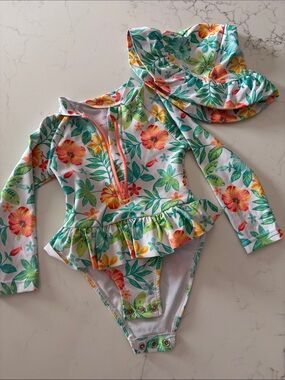 Little Me Floral Long-Sleeve Rashguard Swimsuit Set in Green, Coral & Yellow
